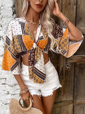 Orange Boho Women's Paisley Scarf Print Tie Front Crop Top